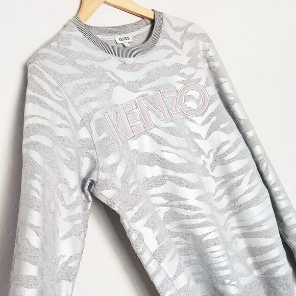 KENZO Iridescent Silver Tiger Stripes Crewneck Pullover Sweatshirt S Gray $355 - Picture 15 of 16